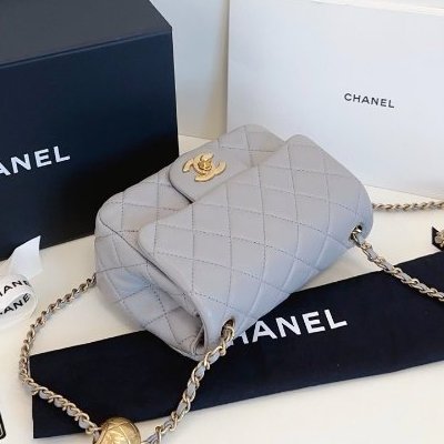 近新品 香奈兒/Chanel 灰色金球方胖子 金珠鏈條包-5