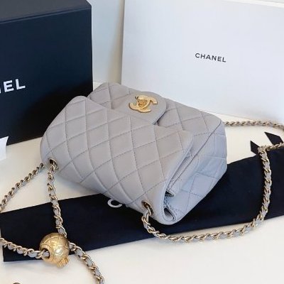 近新品 香奈兒/Chanel 灰色金球方胖子 金珠鏈條包-6