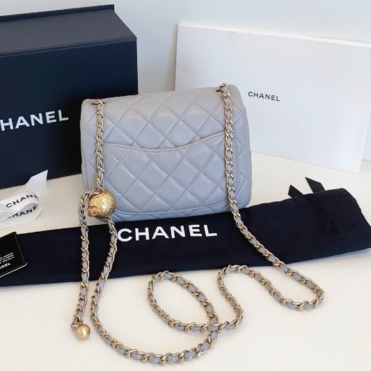 近新品 香奈兒/Chanel 灰色金球方胖子 金珠鏈條包-8