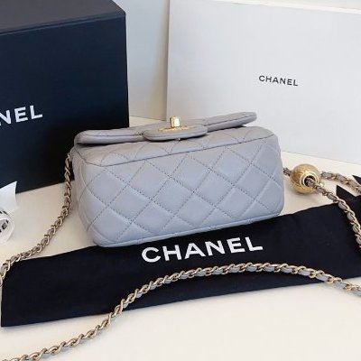 近新品 香奈兒/Chanel 灰色金球方胖子 金珠鏈條包-9