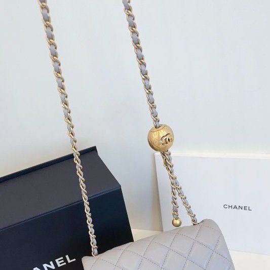 近新品 香奈兒/Chanel 灰色金球方胖子 金珠鏈條包-11