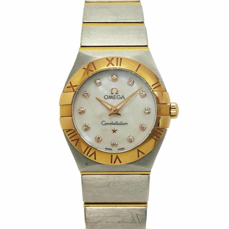 歐米茄星座系列拋光雙色123 20 24 60 55 001女士腕錶，12顆鑽石，白色珍珠貝母錶殼，18K鍍金石英機芯-0
