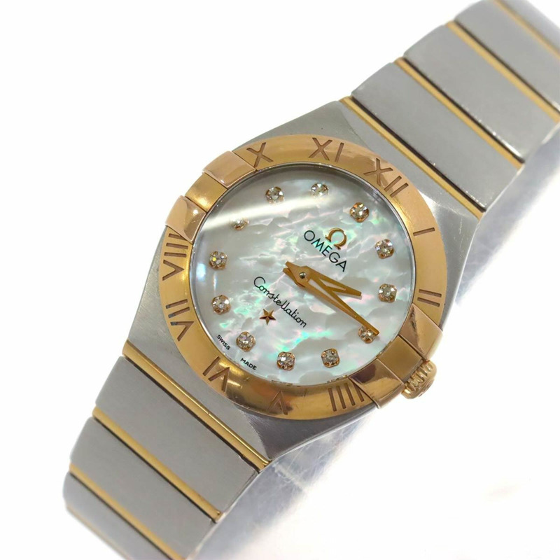 歐米茄星座系列拋光雙色123 20 24 60 55 001女士腕錶，12顆鑽石，白色珍珠貝母錶殼，18K鍍金石英機芯-7