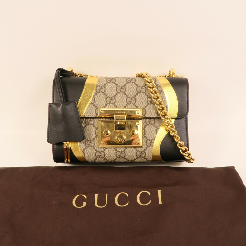 GUCCI 塗層帆布/牛皮皮革Padlock Bag鏈帶肩背袋-11