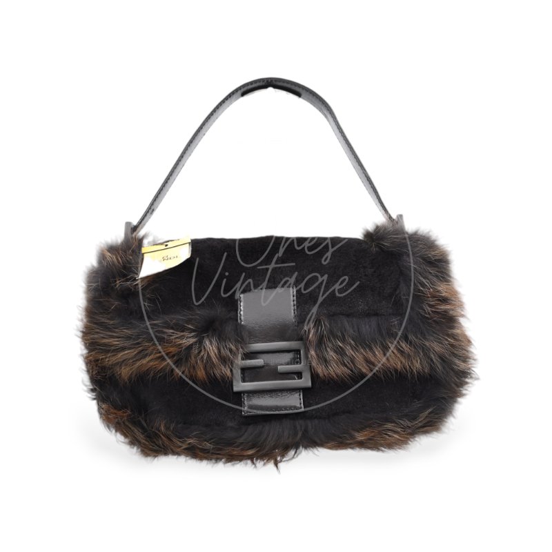 中古 芬迪 Fendi 黑色毛皮 Black Fur Baguette 法棍手袋-1