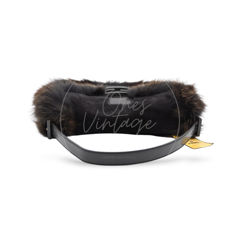 中古 芬迪 Fendi 黑色毛皮 Black Fur Baguette 法棍手袋-3