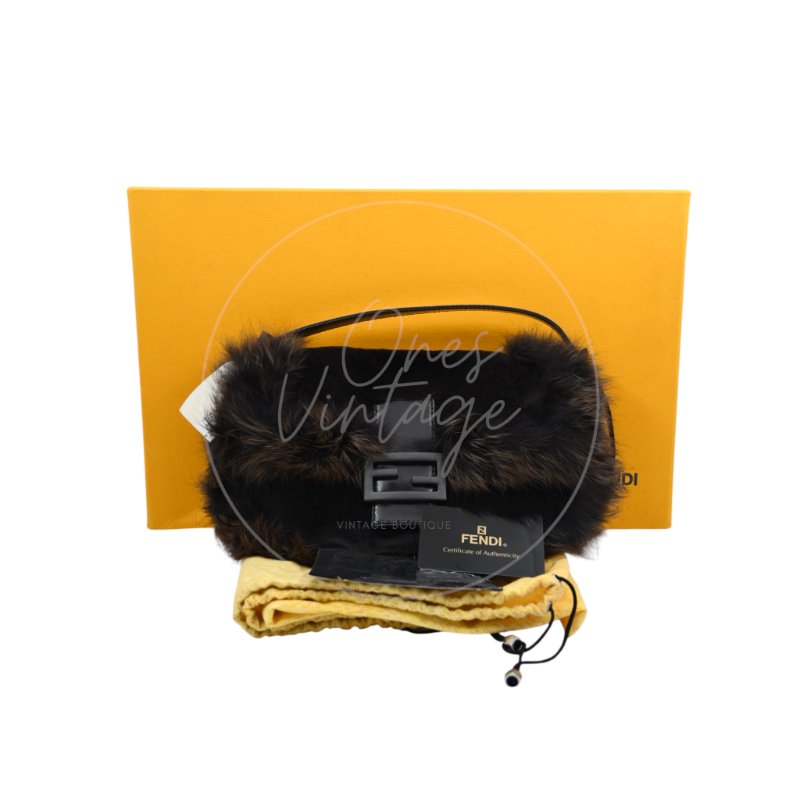 中古 芬迪 Fendi 黑色毛皮 Black Fur Baguette 法棍手袋-4