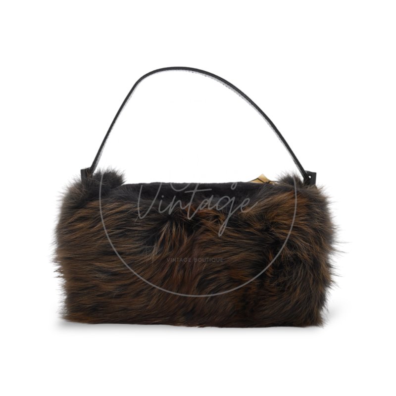 中古 芬迪 Fendi 黑色毛皮 Black Fur Baguette 法棍手袋-6