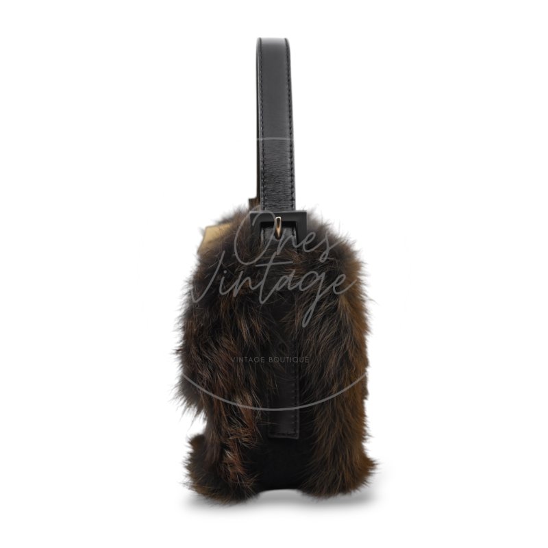 中古 芬迪 Fendi 黑色毛皮 Black Fur Baguette 法棍手袋-7