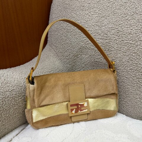 中古 芬迪 Fendi 棕金色小馬毛 Pony Hair Baguette 法棍肩背包