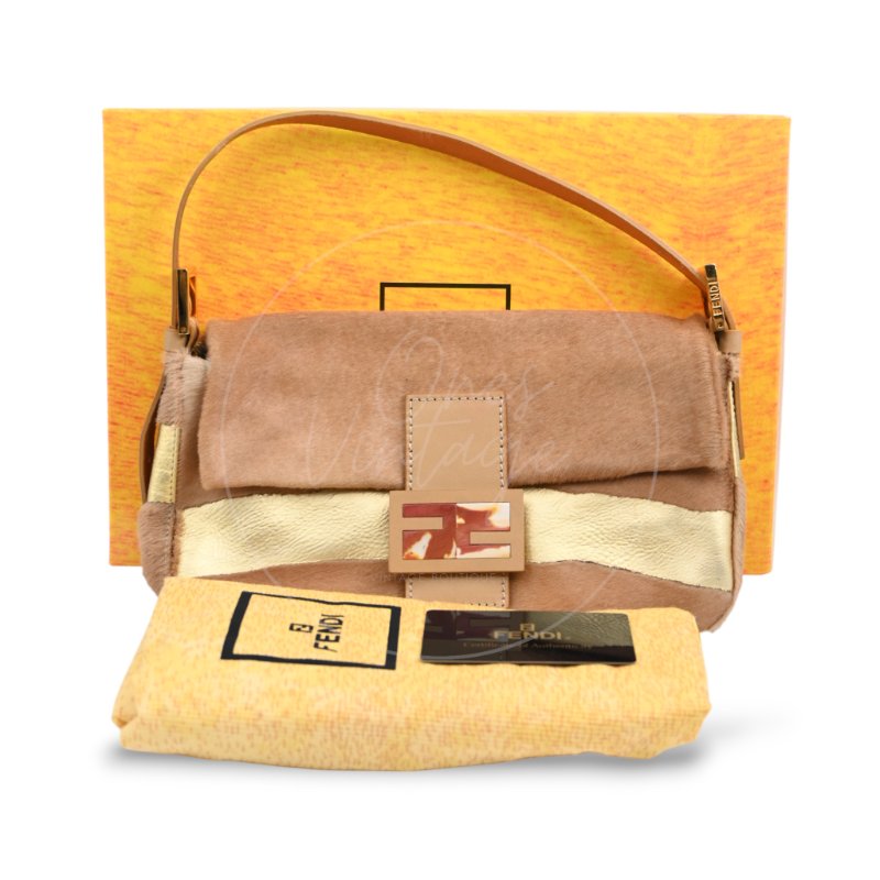 中古 芬迪 Fendi 棕金色小馬毛 Pony Hair Baguette 法棍肩背包-1
