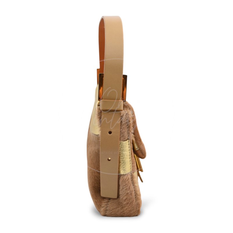 中古 芬迪 Fendi 棕金色小馬毛 Pony Hair Baguette 法棍肩背包-2
