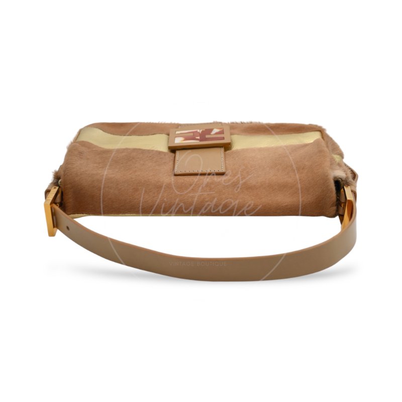中古 芬迪 Fendi 棕金色小馬毛 Pony Hair Baguette 法棍肩背包-4