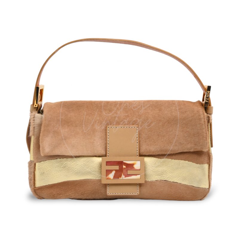 中古 芬迪 Fendi 棕金色小馬毛 Pony Hair Baguette 法棍肩背包-5