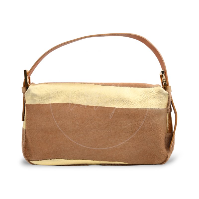 中古 芬迪 Fendi 棕金色小馬毛 Pony Hair Baguette 法棍肩背包-6