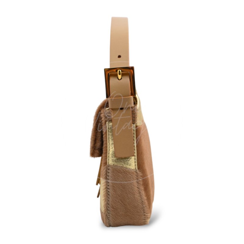 中古 芬迪 Fendi 棕金色小馬毛 Pony Hair Baguette 法棍肩背包-8