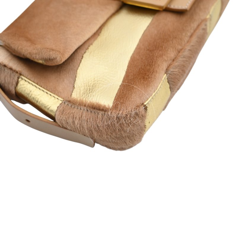 中古 芬迪 Fendi 棕金色小馬毛 Pony Hair Baguette 法棍肩背包-11