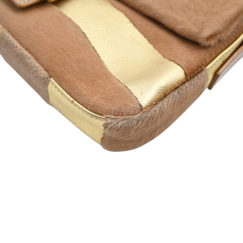 中古 芬迪 Fendi 棕金色小馬毛 Pony Hair Baguette 法棍肩背包-12