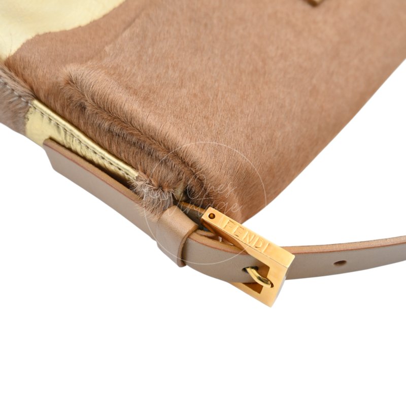 中古 芬迪 Fendi 棕金色小馬毛 Pony Hair Baguette 法棍肩背包-28