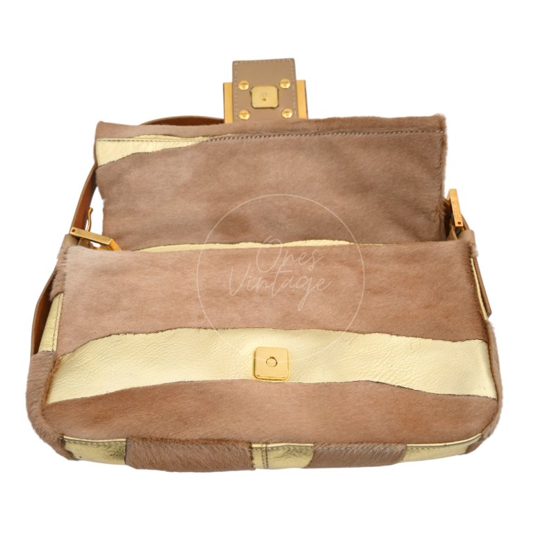 中古 芬迪 Fendi 棕金色小馬毛 Pony Hair Baguette 法棍肩背包-34