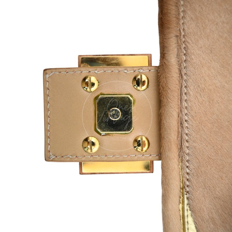中古 芬迪 Fendi 棕金色小馬毛 Pony Hair Baguette 法棍肩背包-36