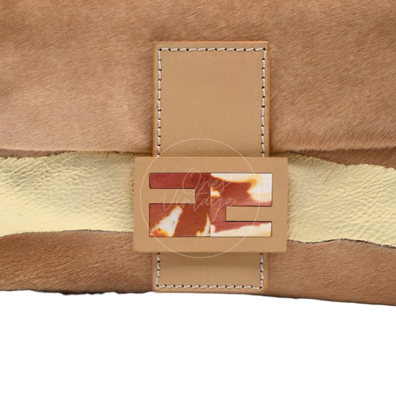 中古 芬迪 Fendi 棕金色小馬毛 Pony Hair Baguette 法棍肩背包-46