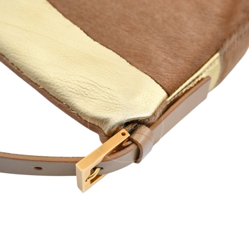 中古 芬迪 Fendi 棕金色小馬毛 Pony Hair Baguette 法棍肩背包-54