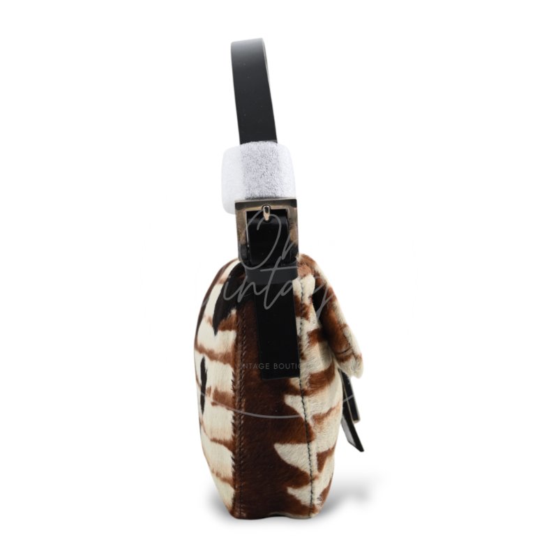 中古 芬迪 Fendi 動物印花 Animal Print 小馬毛 Pony Hair Baguette 法棍包 棕白色手袋-2