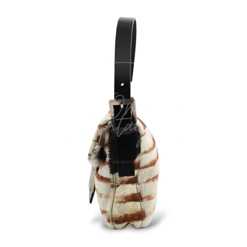 中古 芬迪 Fendi 動物印花 Animal Print 小馬毛 Pony Hair Baguette 法棍包 棕白色手袋-3