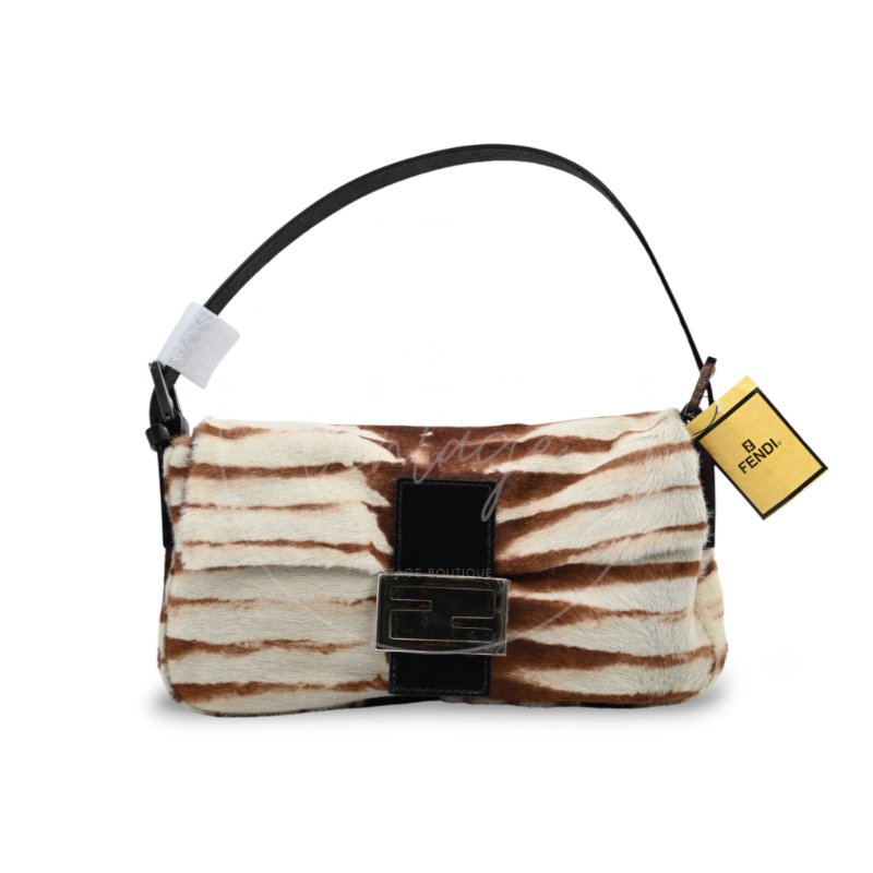 中古 芬迪 Fendi 動物印花 Animal Print 小馬毛 Pony Hair Baguette 法棍包 棕白色手袋-5
