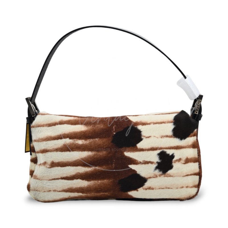 中古 芬迪 Fendi 動物印花 Animal Print 小馬毛 Pony Hair Baguette 法棍包 棕白色手袋-8
