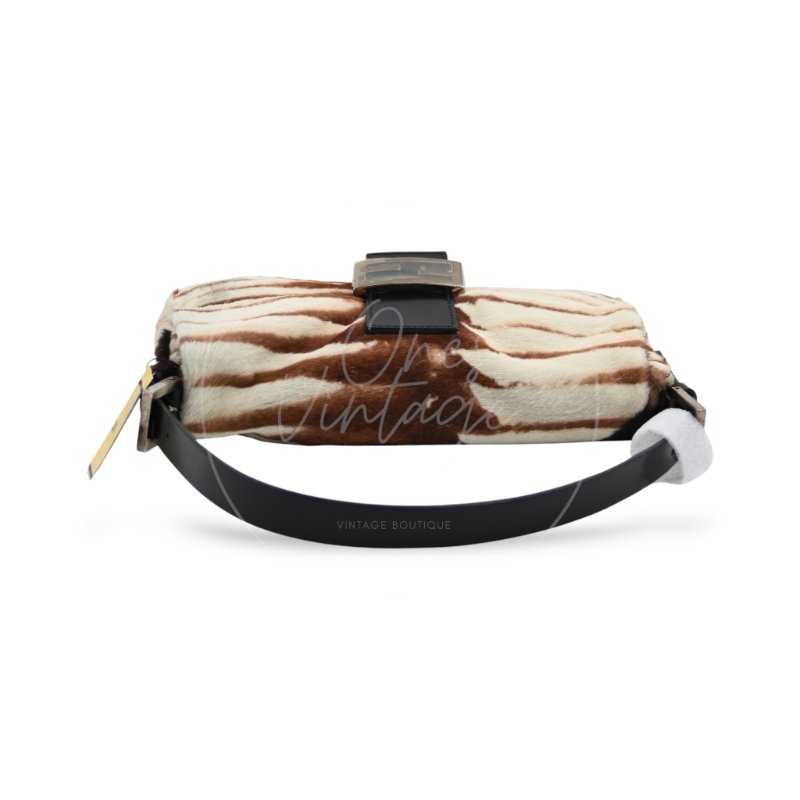 中古 芬迪 Fendi 動物印花 Animal Print 小馬毛 Pony Hair Baguette 法棍包 棕白色手袋-9