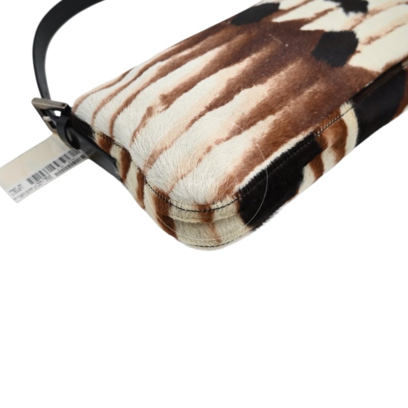 中古 芬迪 Fendi 動物印花 Animal Print 小馬毛 Pony Hair Baguette 法棍包 棕白色手袋-13