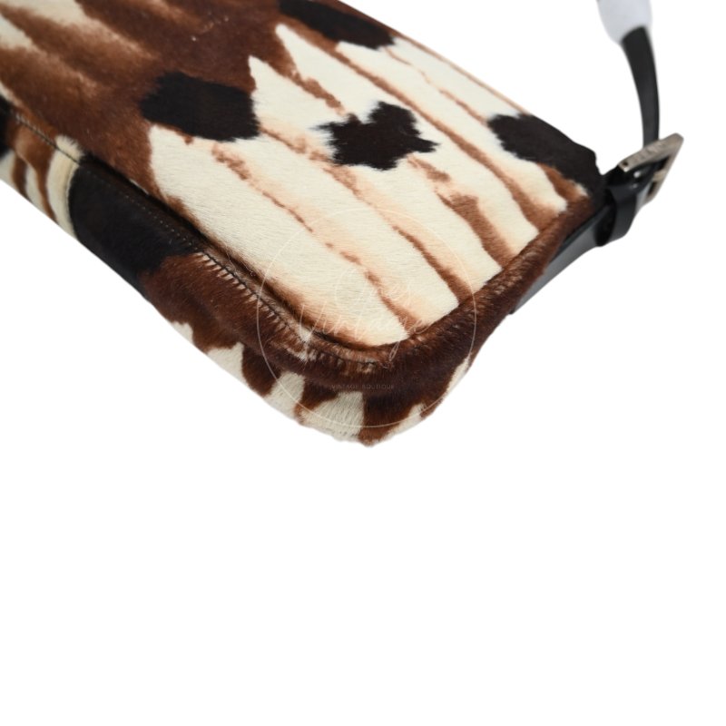 中古 芬迪 Fendi 動物印花 Animal Print 小馬毛 Pony Hair Baguette 法棍包 棕白色手袋-14