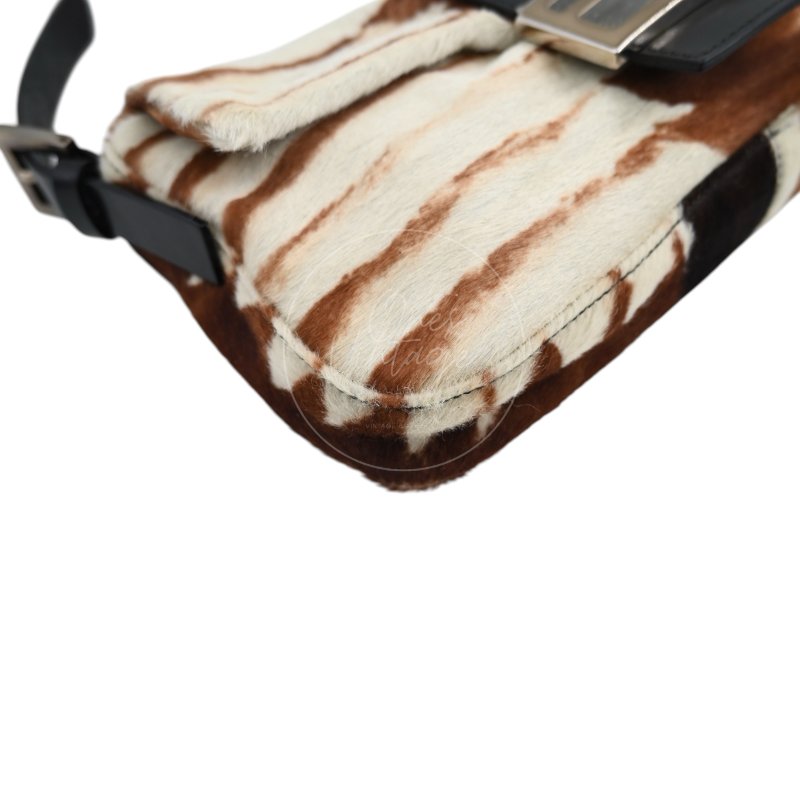 中古 芬迪 Fendi 動物印花 Animal Print 小馬毛 Pony Hair Baguette 法棍包 棕白色手袋-15