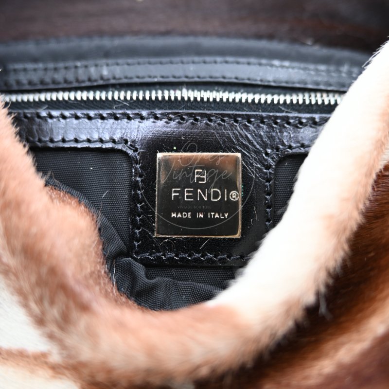 中古 芬迪 Fendi 動物印花 Animal Print 小馬毛 Pony Hair Baguette 法棍包 棕白色手袋-17