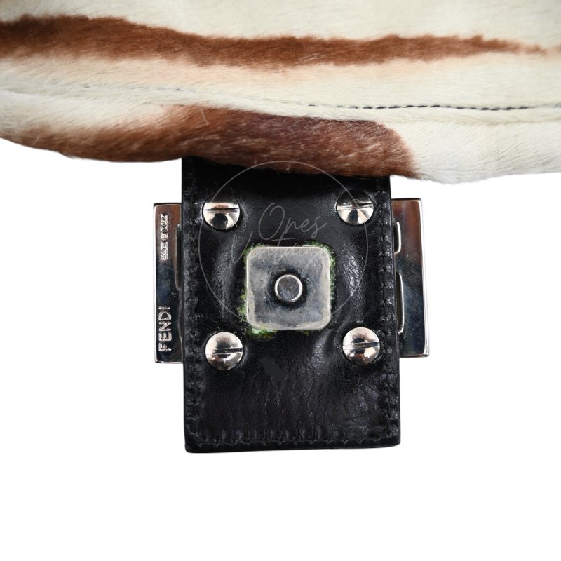 中古 芬迪 Fendi 動物印花 Animal Print 小馬毛 Pony Hair Baguette 法棍包 棕白色手袋-24