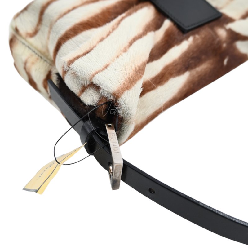 中古 芬迪 Fendi 動物印花 Animal Print 小馬毛 Pony Hair Baguette 法棍包 棕白色手袋-27