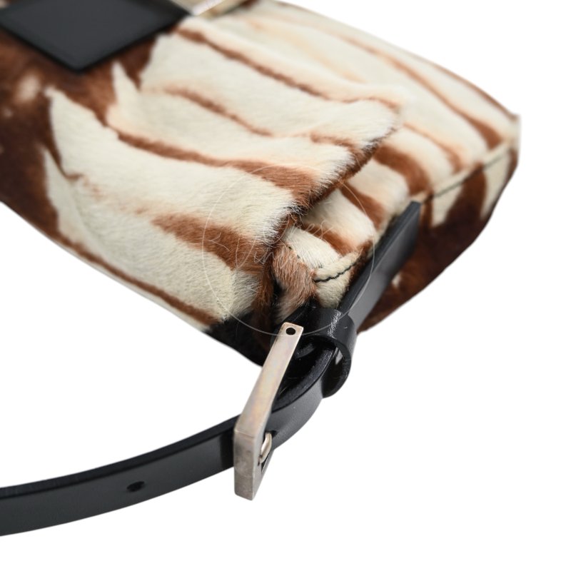 中古 芬迪 Fendi 動物印花 Animal Print 小馬毛 Pony Hair Baguette 法棍包 棕白色手袋-28