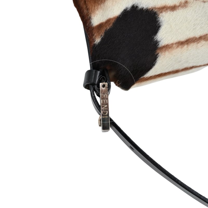 中古 芬迪 Fendi 動物印花 Animal Print 小馬毛 Pony Hair Baguette 法棍包 棕白色手袋-29