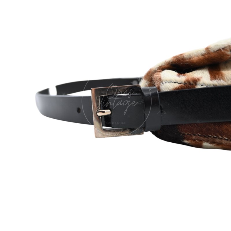 中古 芬迪 Fendi 動物印花 Animal Print 小馬毛 Pony Hair Baguette 法棍包 棕白色手袋-34