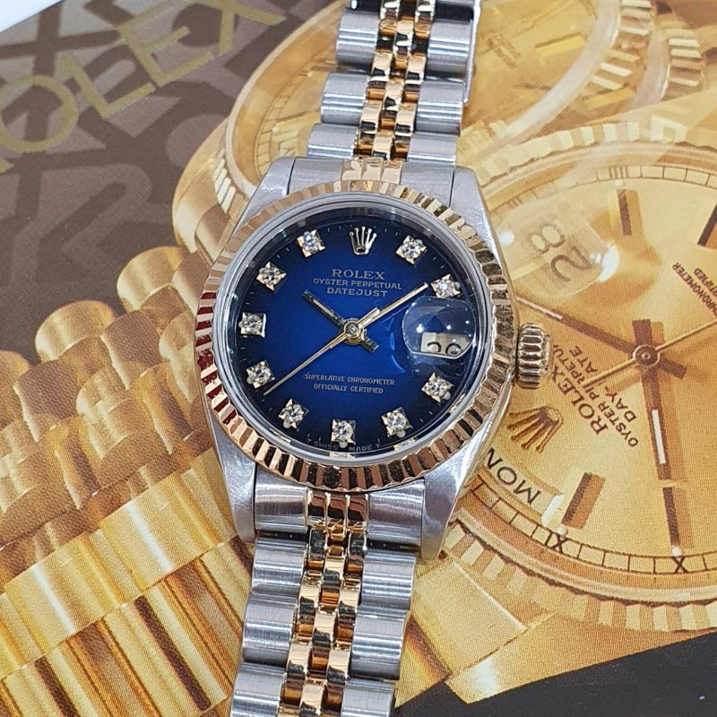 【大眾名錶】ROLEX勞力士69173 Datejust 蠔式女錶 太陽圈 漸層藍十鑽面盤 錶徑26mm 自動上鍊 18K金及不鏽鋼 B1287-5