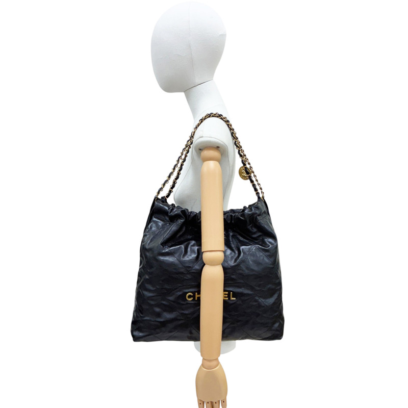黑色 牛皮 22 中號 肩背包 金釦【CHANEL 香奈兒】 AS3261-11