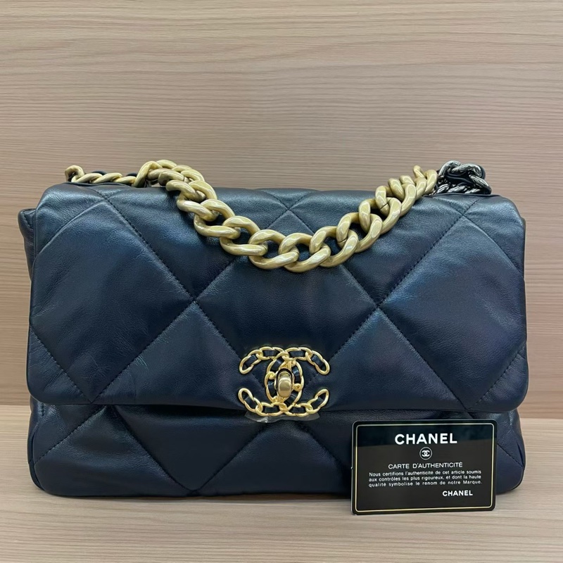 CHANEL 香奈儿  19bag 中號 30開 蓝色菱格纹羊皮金扣手提斜挎鏈條包 有卡 有塵袋 無盒子-0