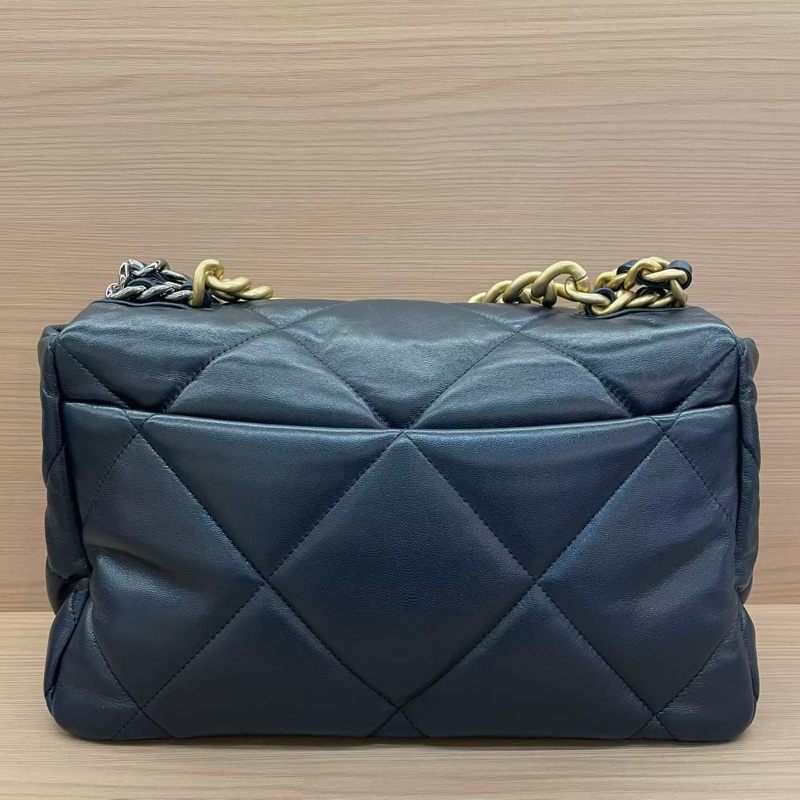 CHANEL 香奈儿  19bag 中號 30開 蓝色菱格纹羊皮金扣手提斜挎鏈條包 有卡 有塵袋 無盒子-1