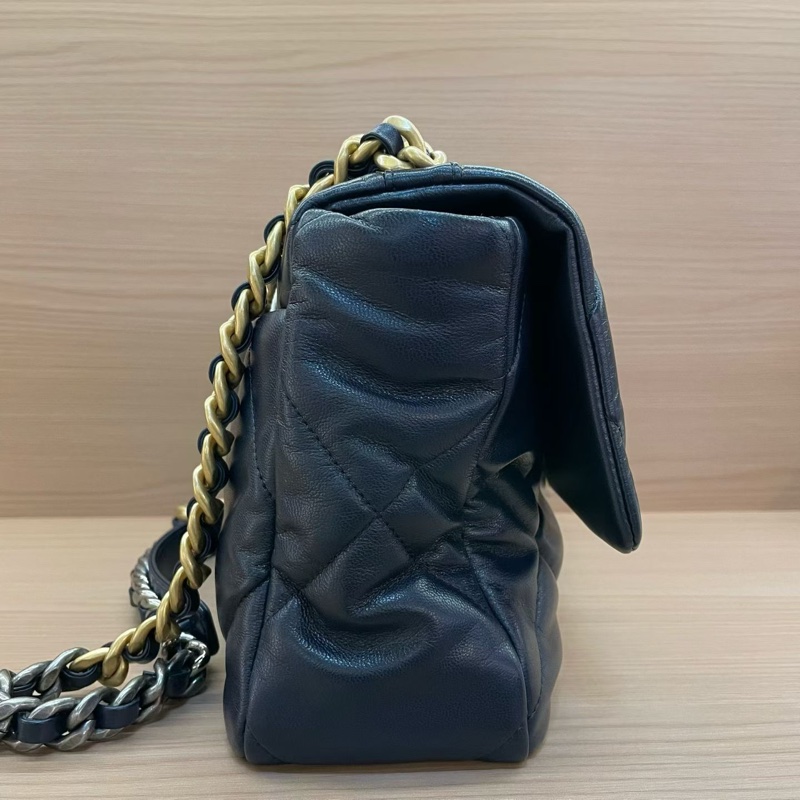 CHANEL 香奈儿  19bag 中號 30開 蓝色菱格纹羊皮金扣手提斜挎鏈條包 有卡 有塵袋 無盒子-3