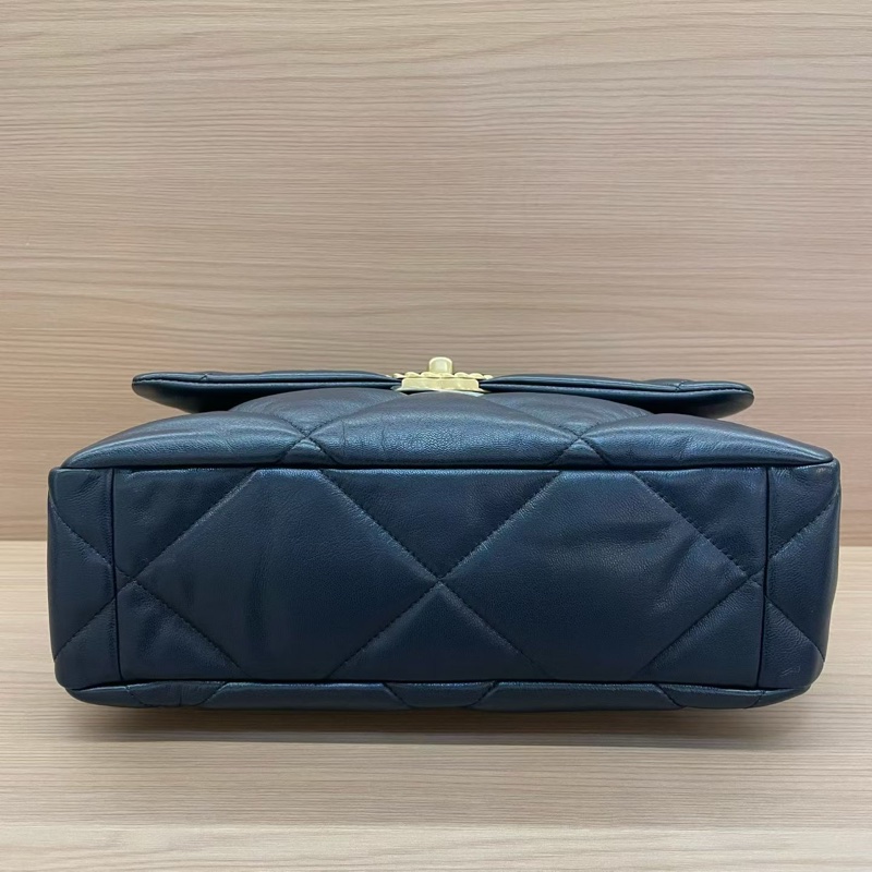 CHANEL 香奈儿  19bag 中號 30開 蓝色菱格纹羊皮金扣手提斜挎鏈條包 有卡 有塵袋 無盒子-4