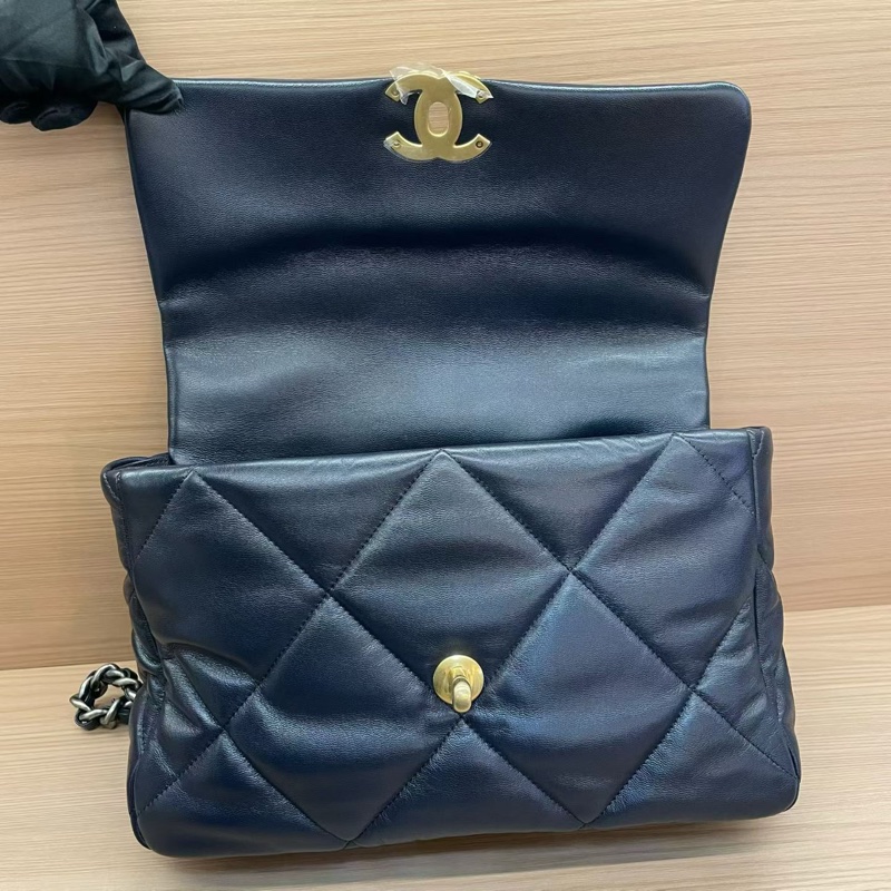 CHANEL 香奈儿  19bag 中號 30開 蓝色菱格纹羊皮金扣手提斜挎鏈條包 有卡 有塵袋 無盒子-5