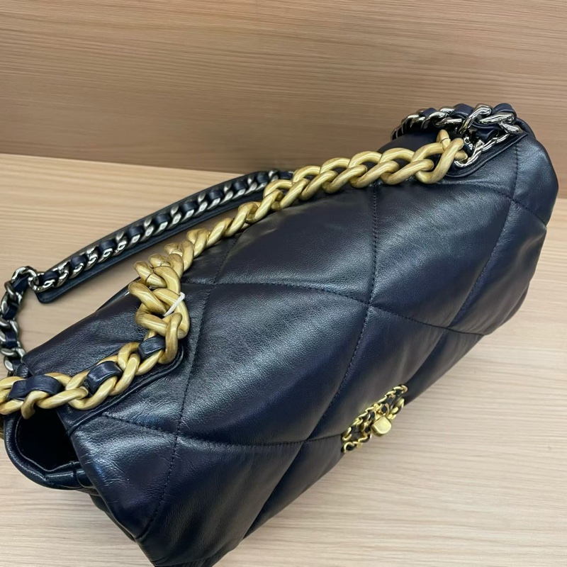 CHANEL 香奈儿  19bag 中號 30開 蓝色菱格纹羊皮金扣手提斜挎鏈條包 有卡 有塵袋 無盒子-7