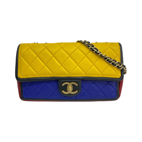 紅/黃/藍色 菱格紋 羊皮 肩背包【CHANEL 香奈兒】